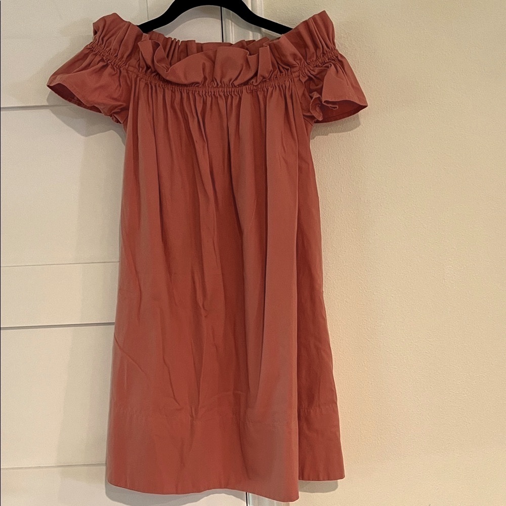 Anthropologie Orange Ruffle Off-Shoulder Dress with Pockets Size Small EUC